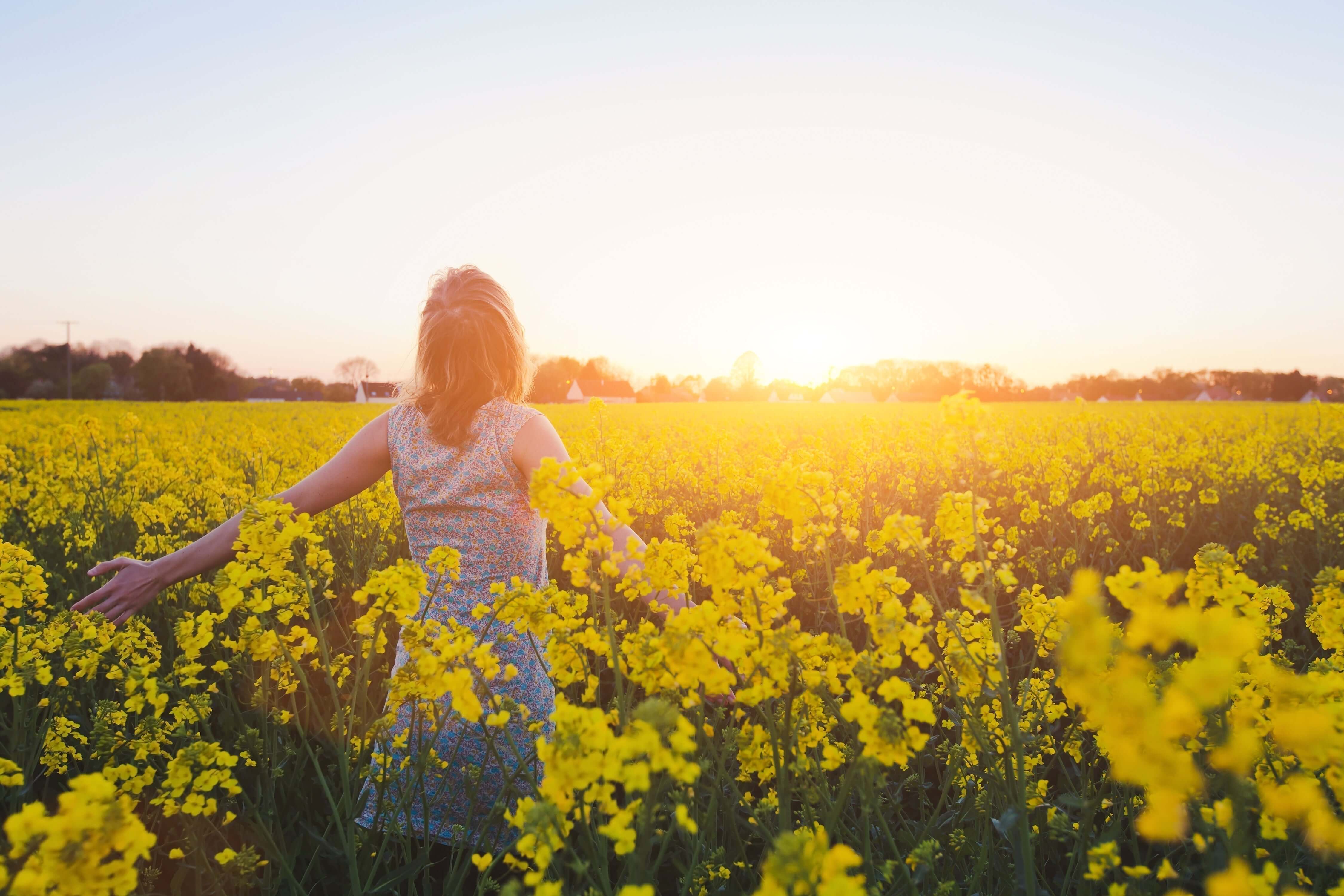 a woman in a field with a setting sun