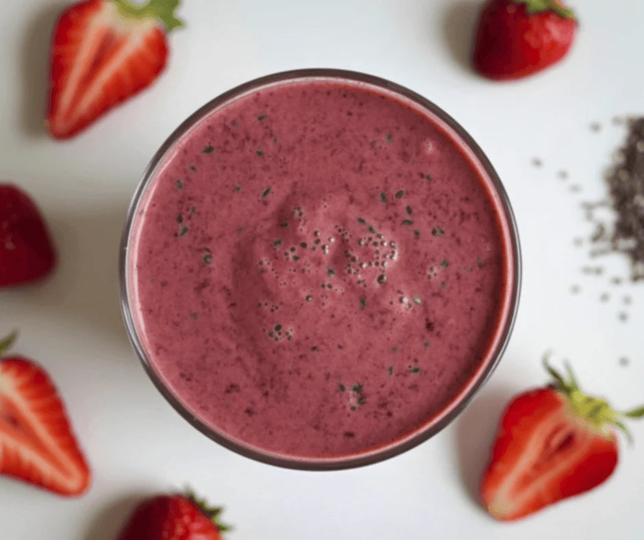 Delicious Hydrating Berry Citrus Smoothie served in a glass with strawberries and chia seeds on a white background.
