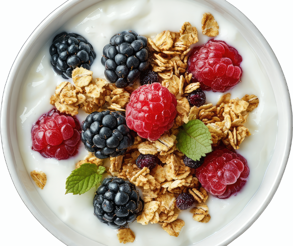 Berry yogurt bowl with granola and a drizzle of flax oil