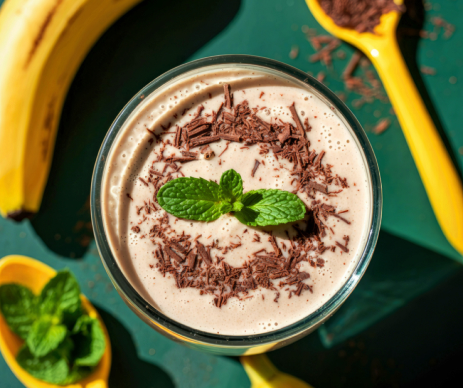 Chocolate Mint Wellness Smoothie topped with chocolate shavings and mint leaves, surrounded by bananas and yellow spoons.
