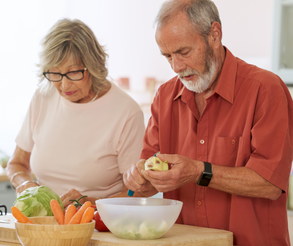 Heart Health Habits for Busy Lives: Seniors preparing healthy meals together in the kitchen.