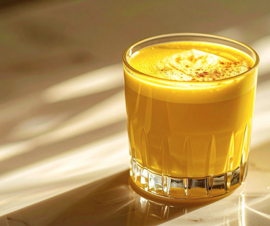 Tropical Wellness Shot in a glass, creamy yellow beverage with froth on top, set on a light surface.