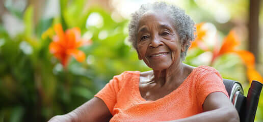 a middle aged woman smiling outside next to a bush with red flowers