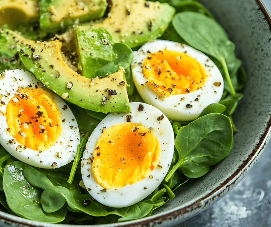 Savory breakfast bowl with greens, egg, avocado, and grains