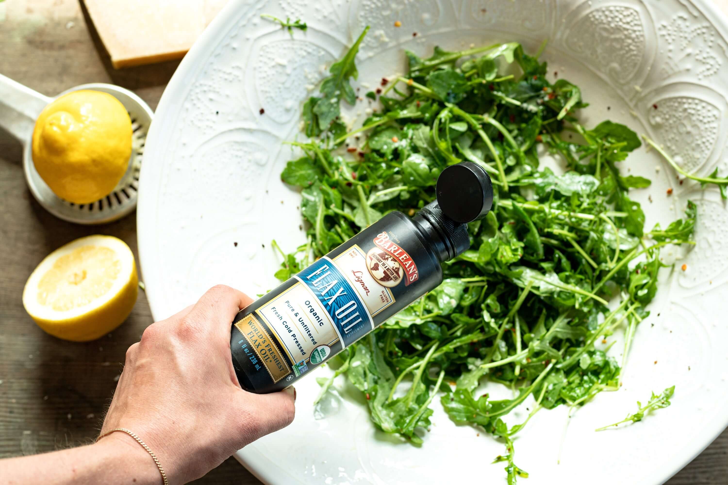 a salad with flax seed and oil in it