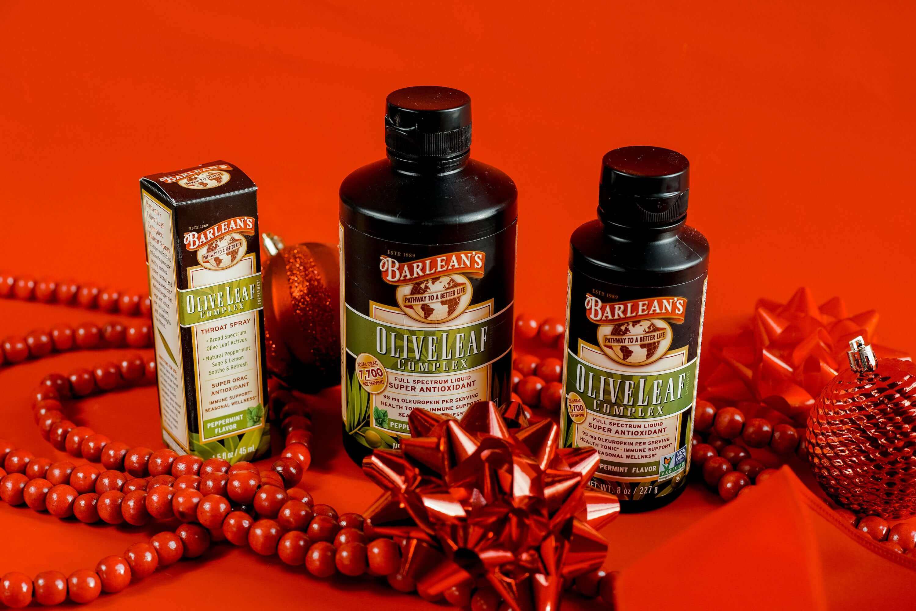 barlean's products against a red background for a christmas theme