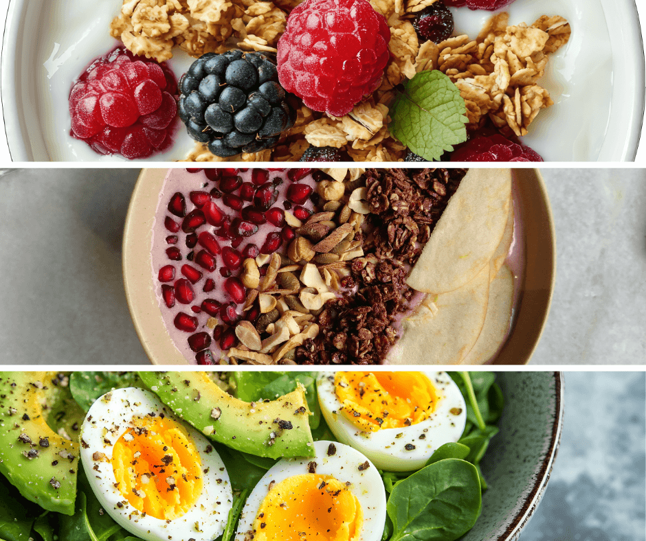 3 energizing spring breakfast bowls. Berry yogurt bowl with granola and a drizzle of flax oil, Tropical smoothie bowl topped with coconut and fruit, and a Savory breakfast bowl with greens, egg, avocado, and grains