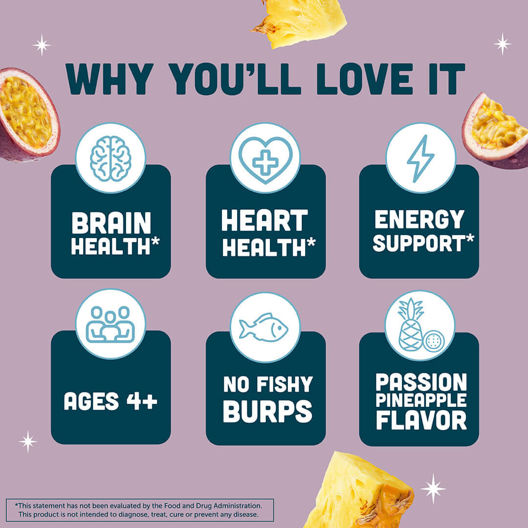 Why you'll love Passion Pineapple Fish Oil: Brain health, heart health, energy support, ages 4+, no fishy burps, passion pineapple flavor.