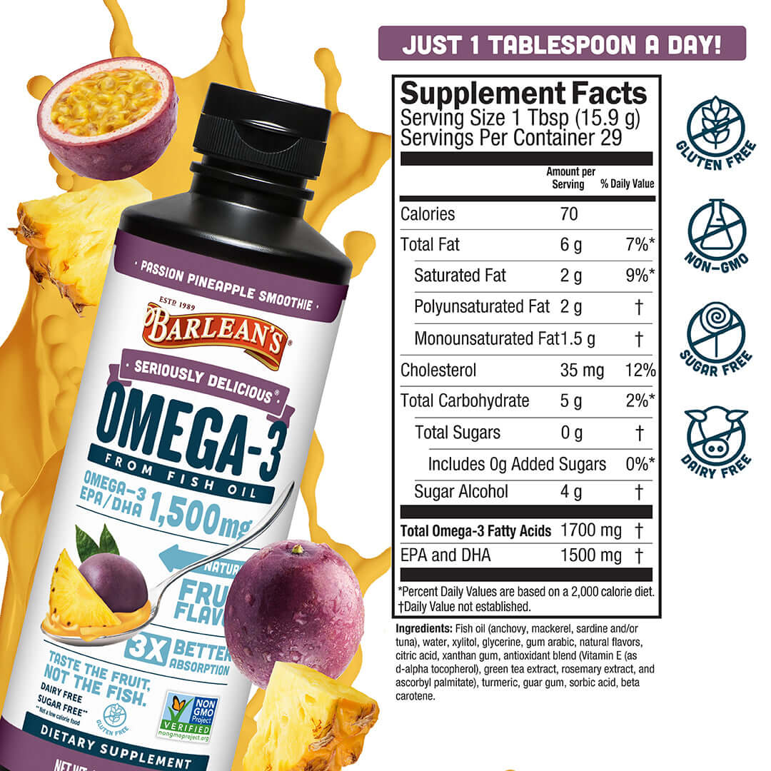 Passion Pineapple Fish Oil supplement facts featuring omega-3s for brain, heart health, and energy support.
