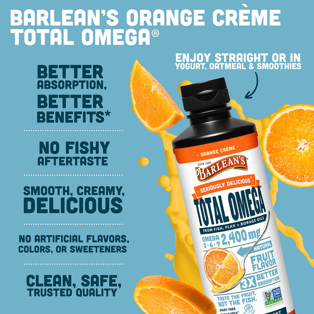 Total Omega 3-6-9 Orange Crème by Barlean's, fish oil, flax oil, borage oil, tasty orange flavor, heart and brain health.
