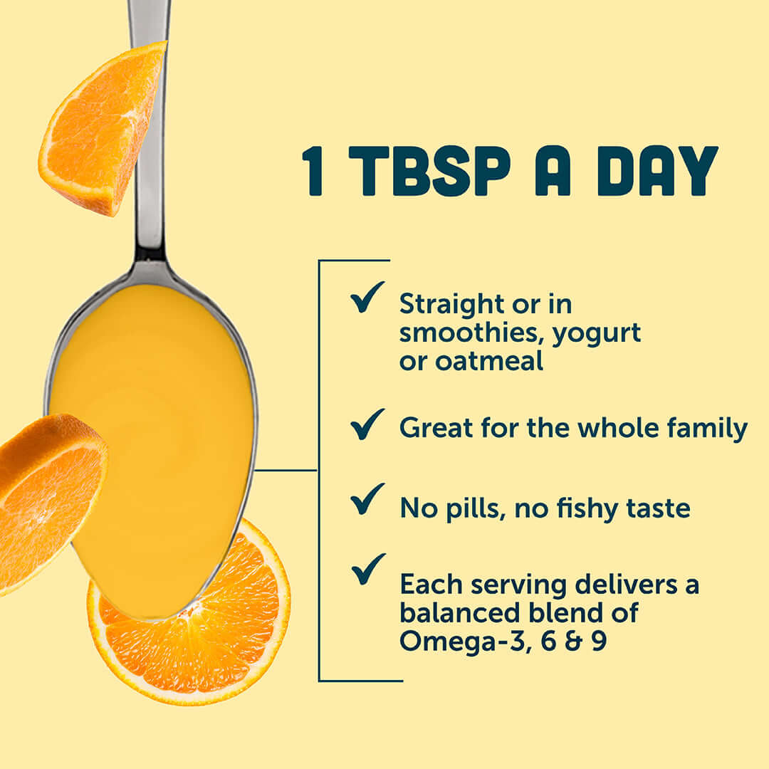Total Omega 3-6-9 Orange Crème in a spoon, highlighting daily serving benefits and delicious flavor.