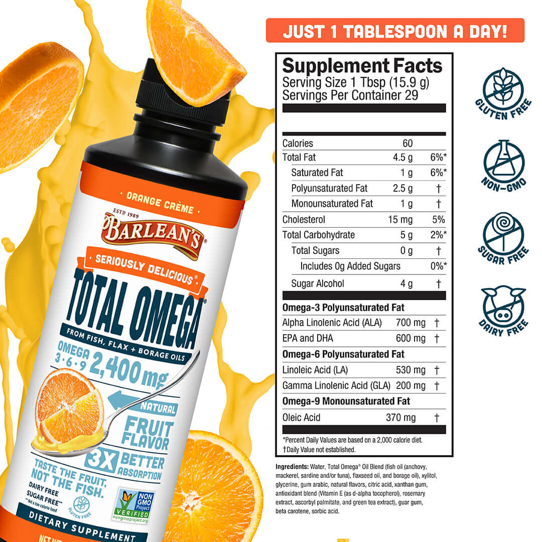Total Omega 3-6-9 Orange Crème supplement facts with orange slices, featuring fish oil, flax oil, and borage oil.