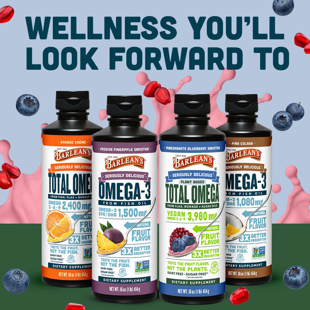 Total Omega® Vegan Pomegranate Blueberry Smoothie alongside other flavored liquid omega-3 supplements.