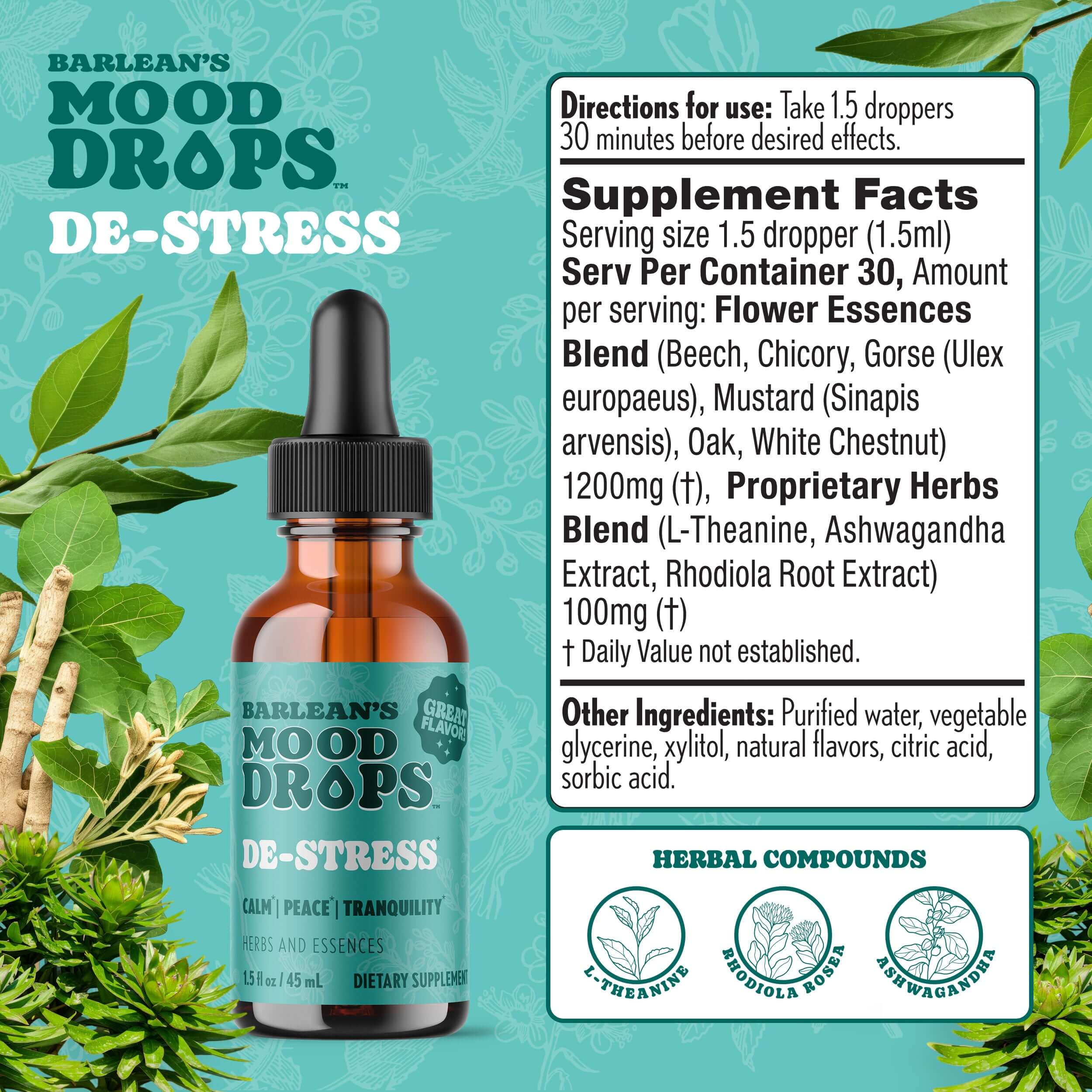 De-Stress Mood Drops bottle featuring adaptogenic herbs and flower essences for natural mood balance.