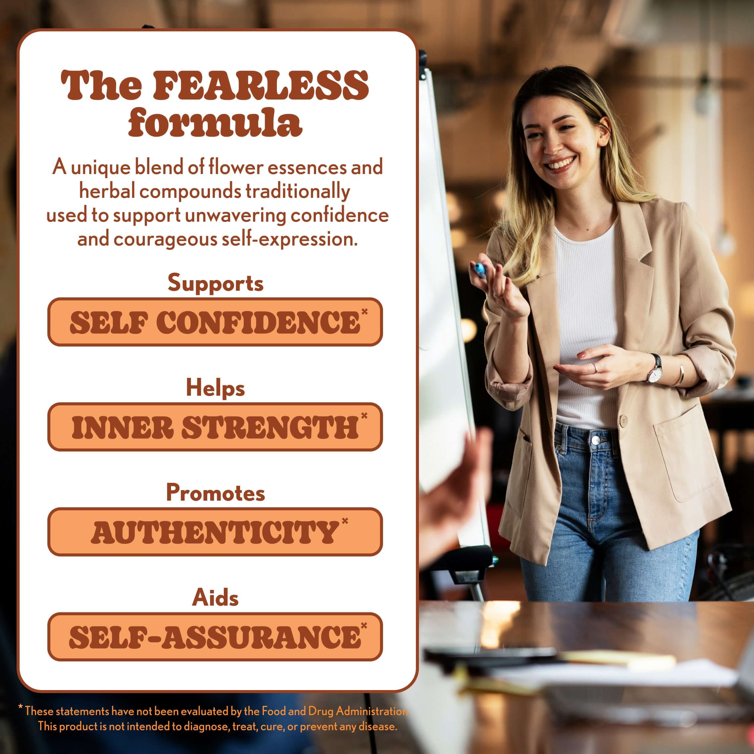 Fearless Mood Drops formula showcasing benefits like self-confidence and inner strength with flower essences.
