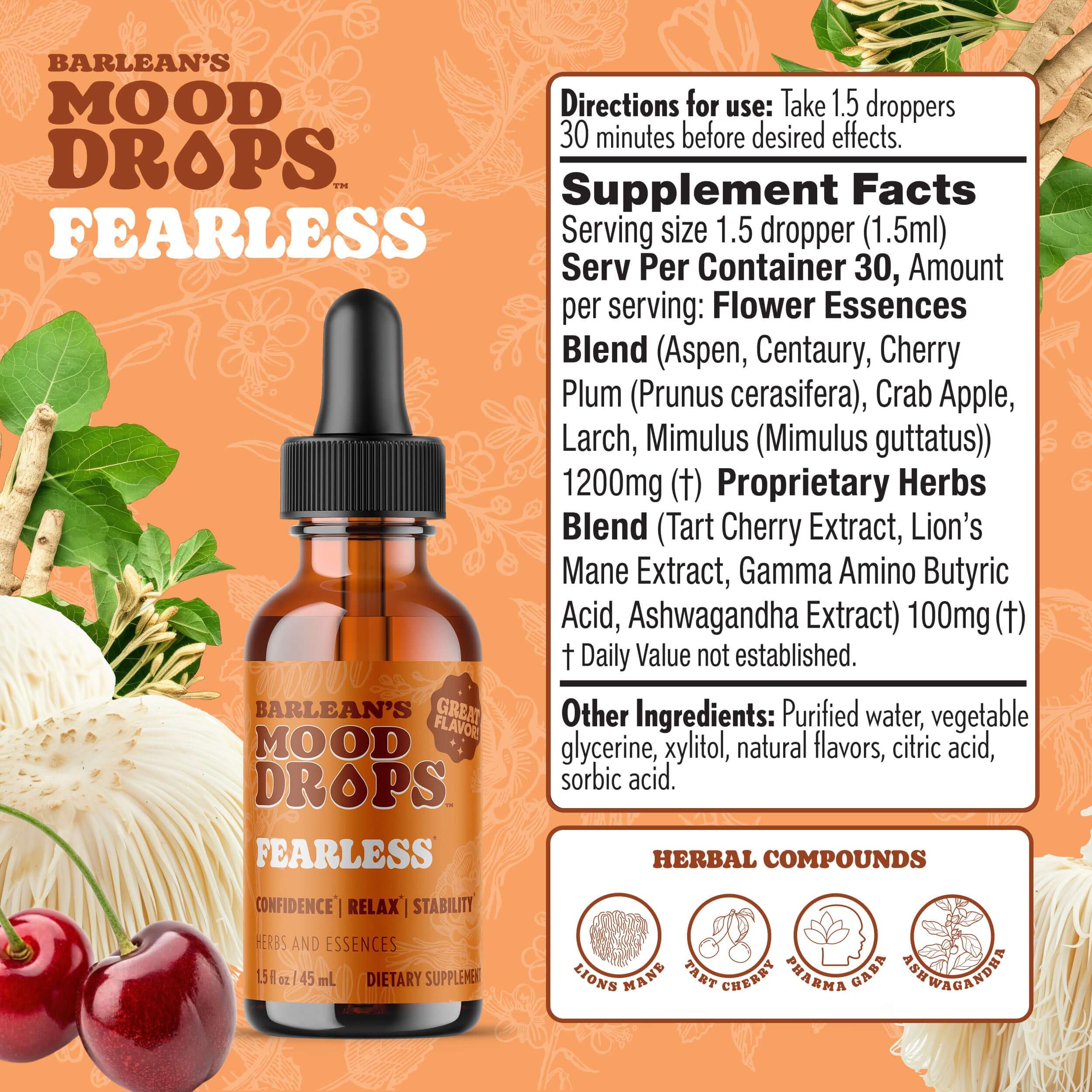 Fearless Mood Drops bottle with herbal supplement facts and flower essences for natural mood balance.