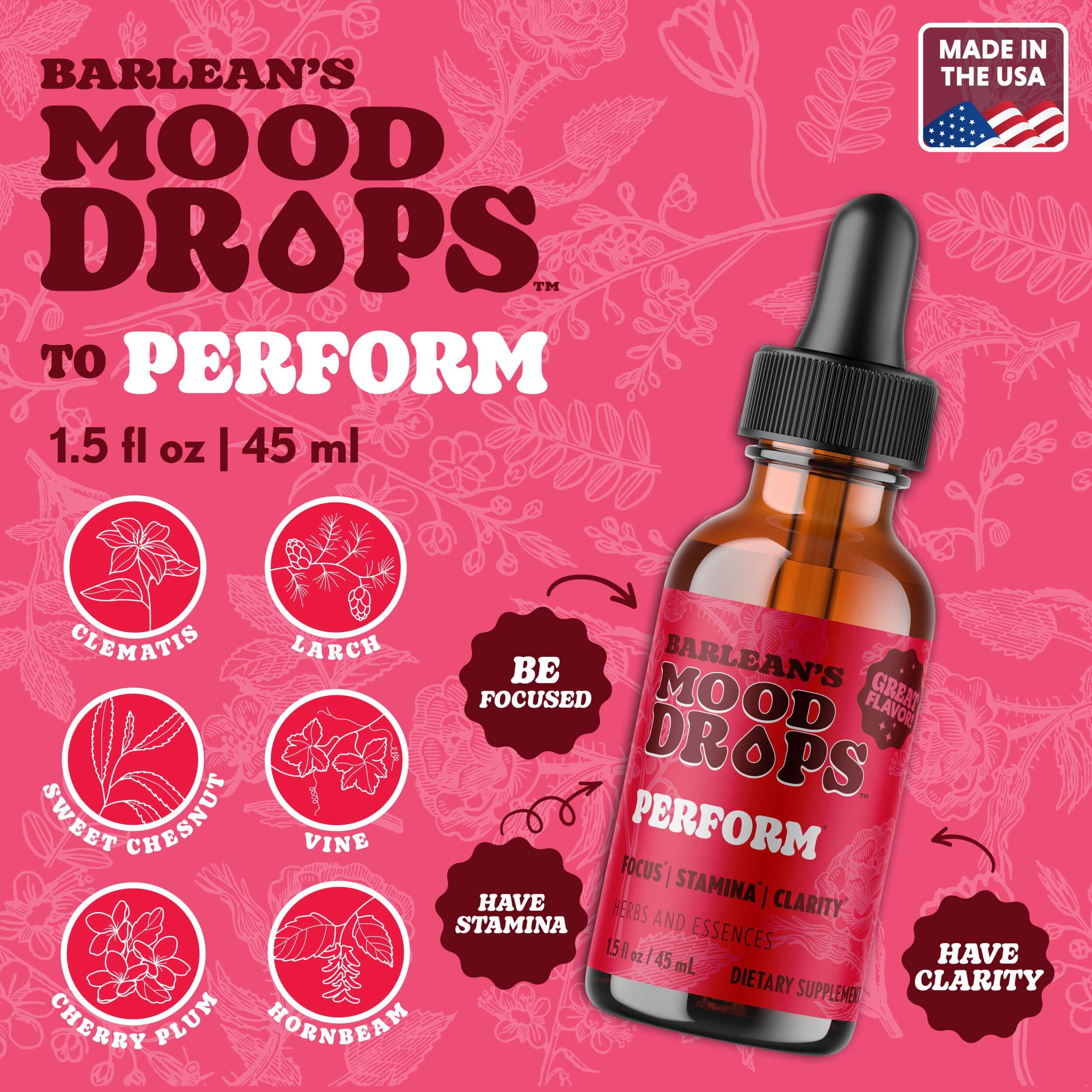 Perform Mood Drops bottle featuring adaptogenic herbs and flower essences for mental stamina.