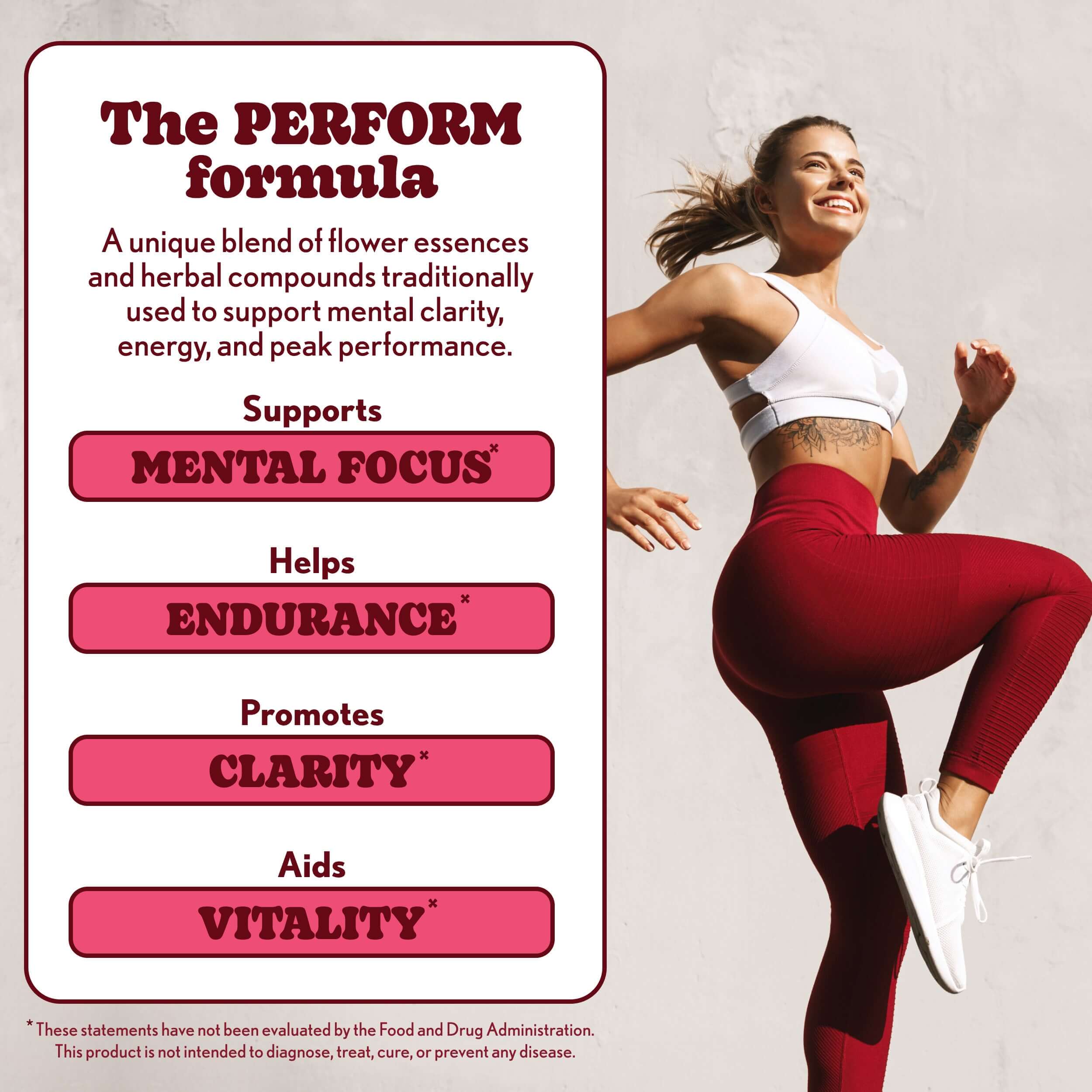 Perform Mood Drops formula highlighting support for mental focus, endurance, clarity, and vitality with natural ingredients.