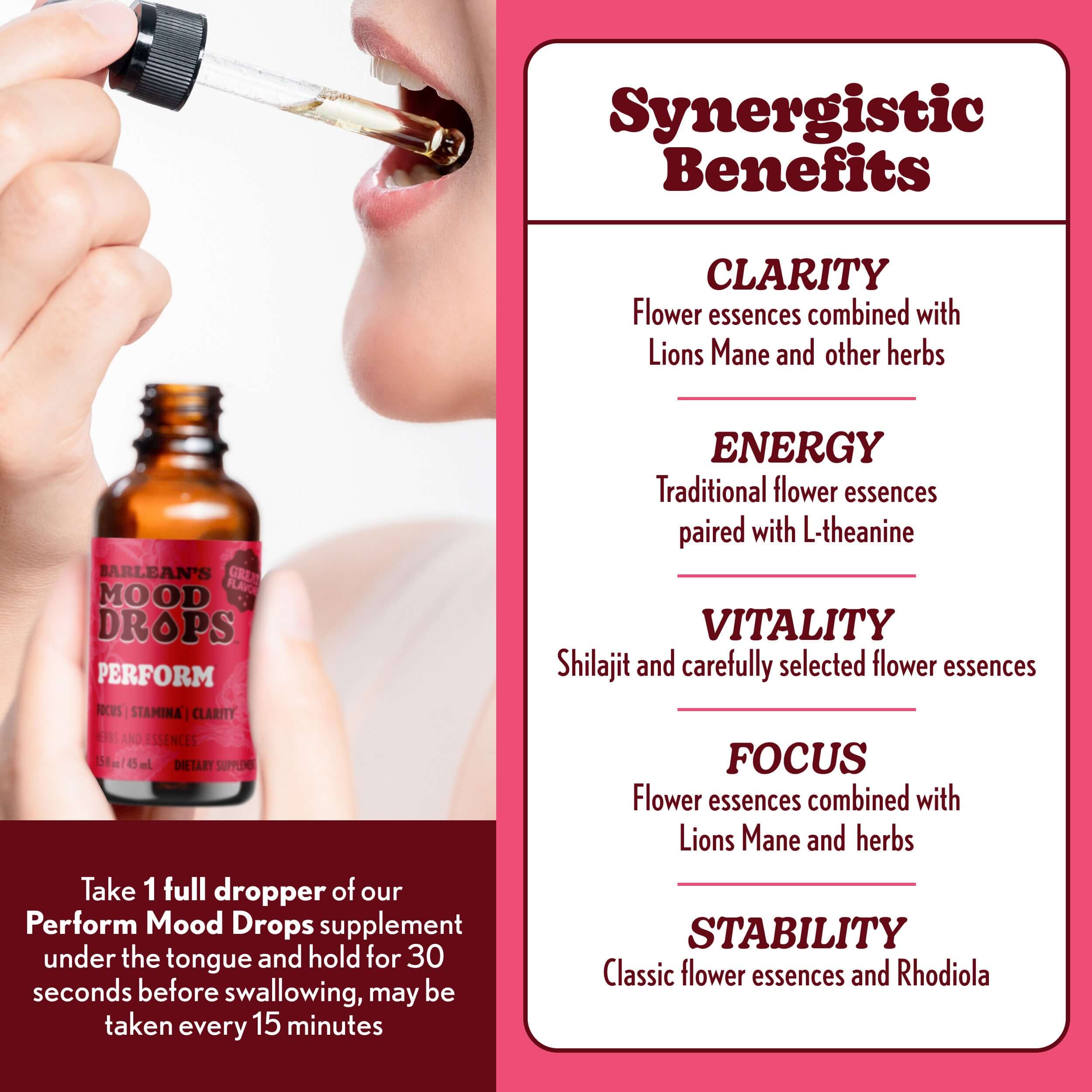 Image of Perform Mood Drops showing benefits like clarity, energy, and vitality with adaptogenic herbs and flower essences.