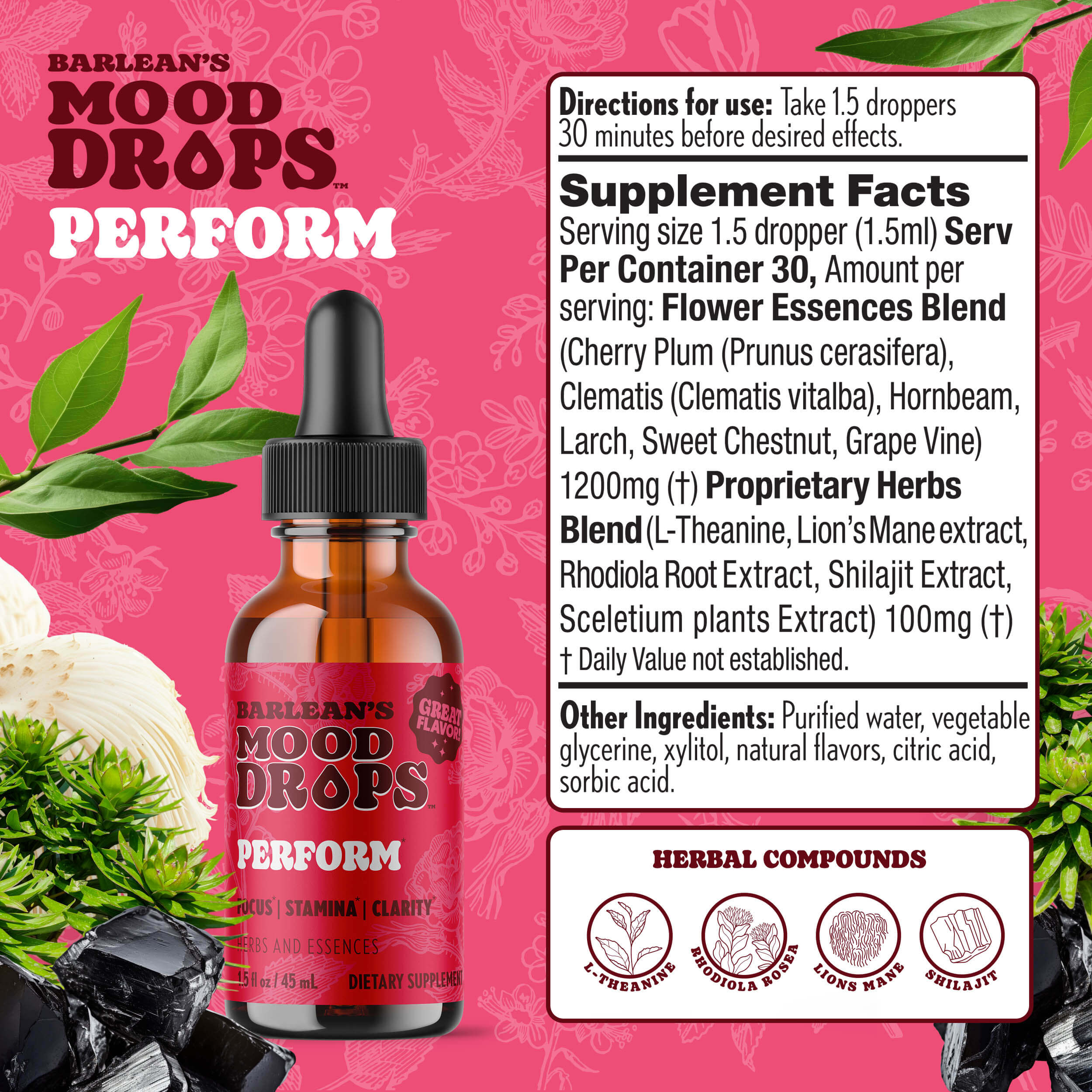 Perform Mood Drops product label featuring adaptogenic herbs and flower essences for mood balance.