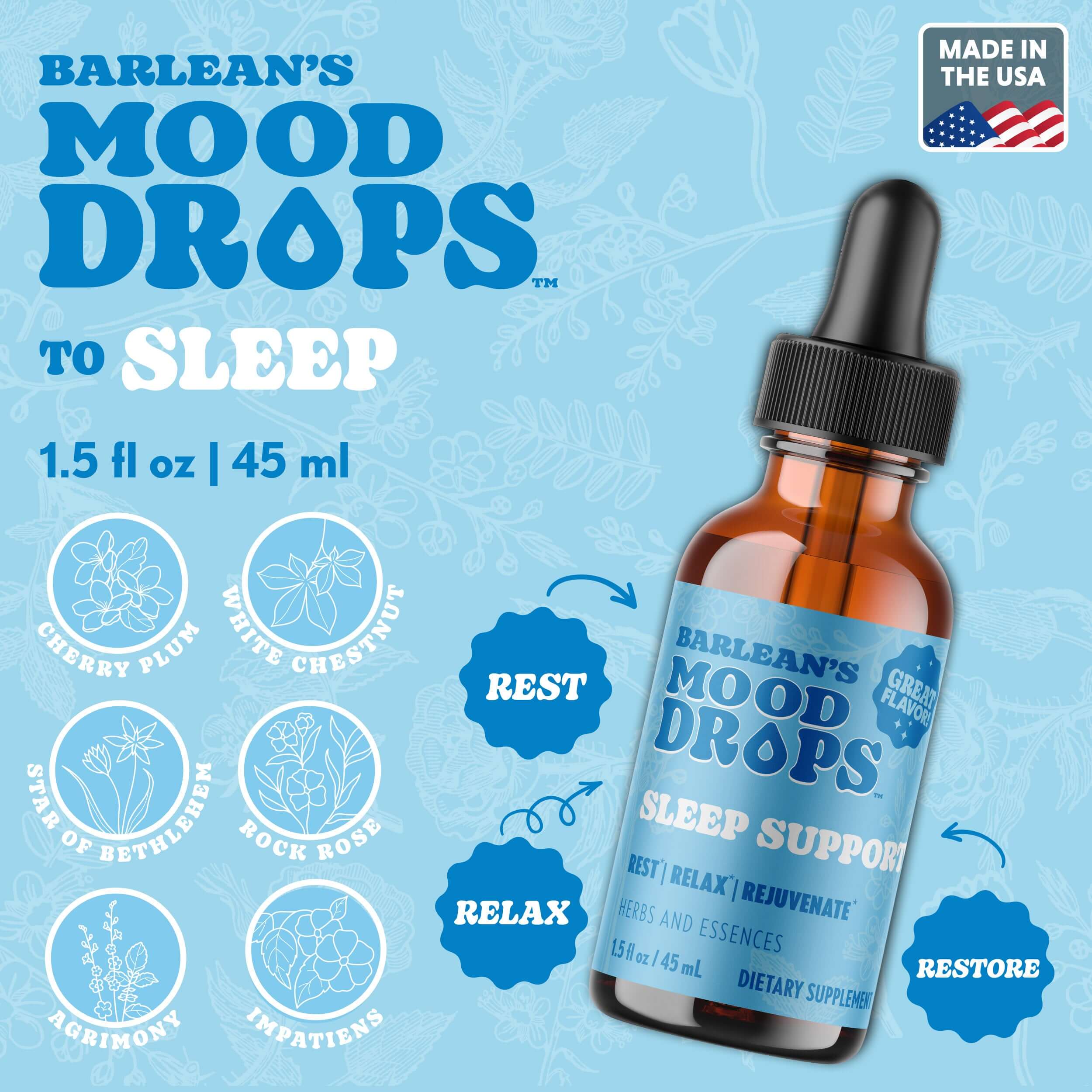 Barlean's Sleep Support Mood Drops 1.5 fl oz bottle with flower essences for relaxation and emotional balance.