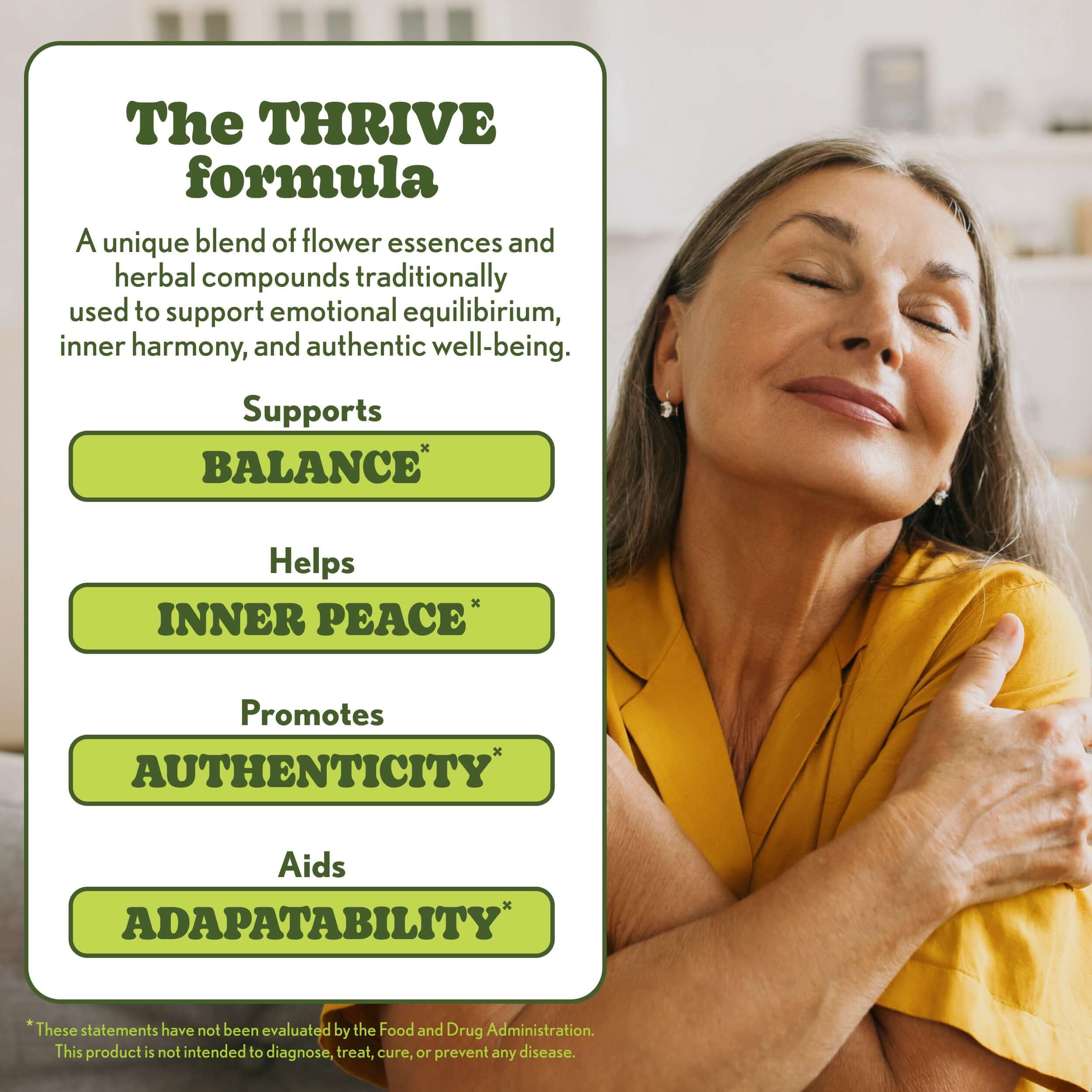 Mood Drops to Thrive formula supports emotional balance and inner peace with flower essences and herbal compounds.