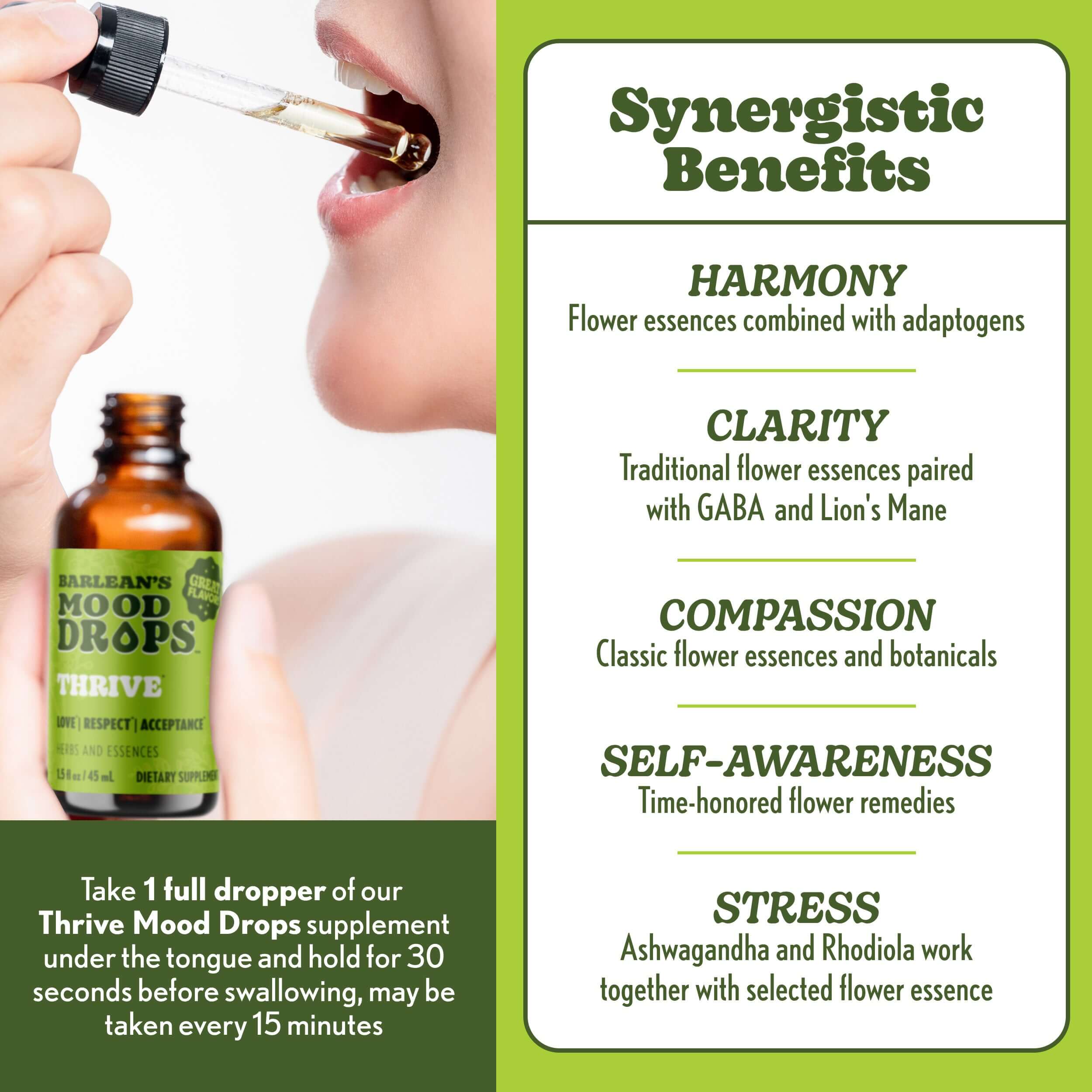 Mood Drops to Thrive benefits featuring adaptogenic herbs and flower essences for emotional balance.