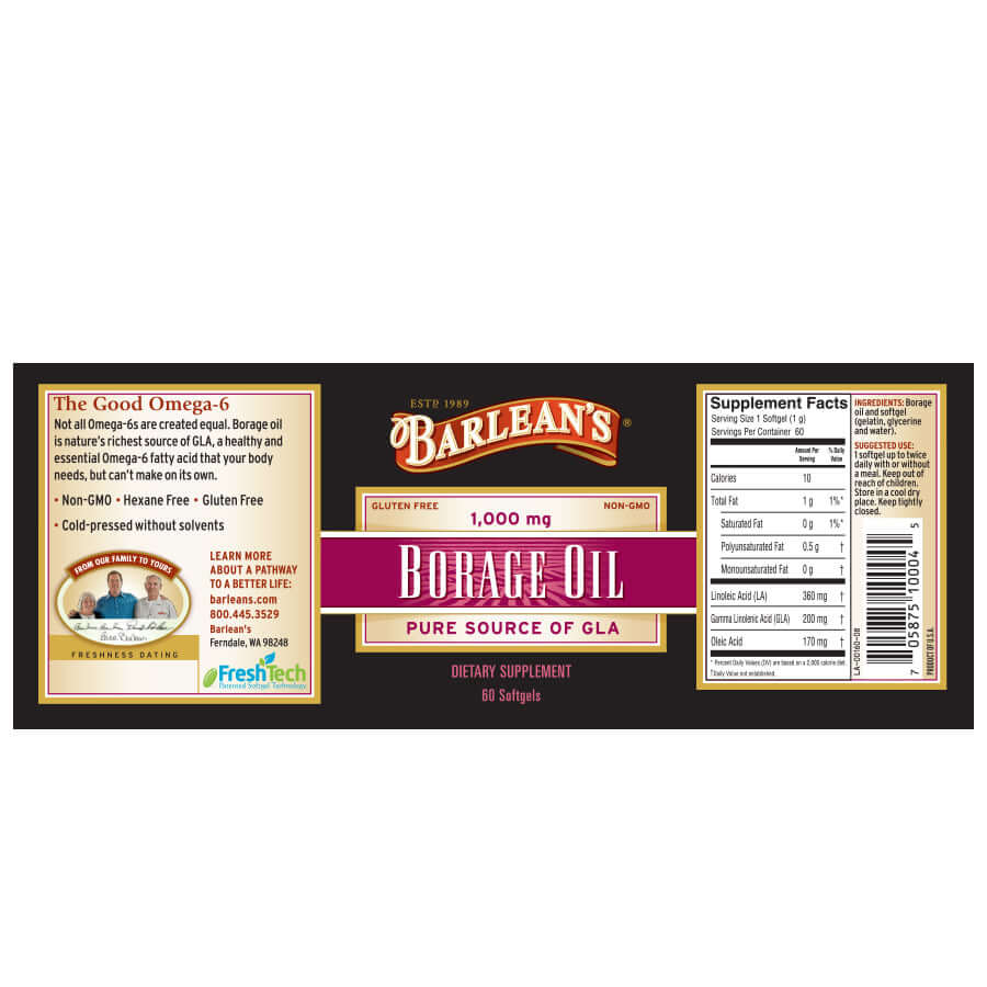 Barlean’s Borage Oil Softgels – 1300 mg bottle full label