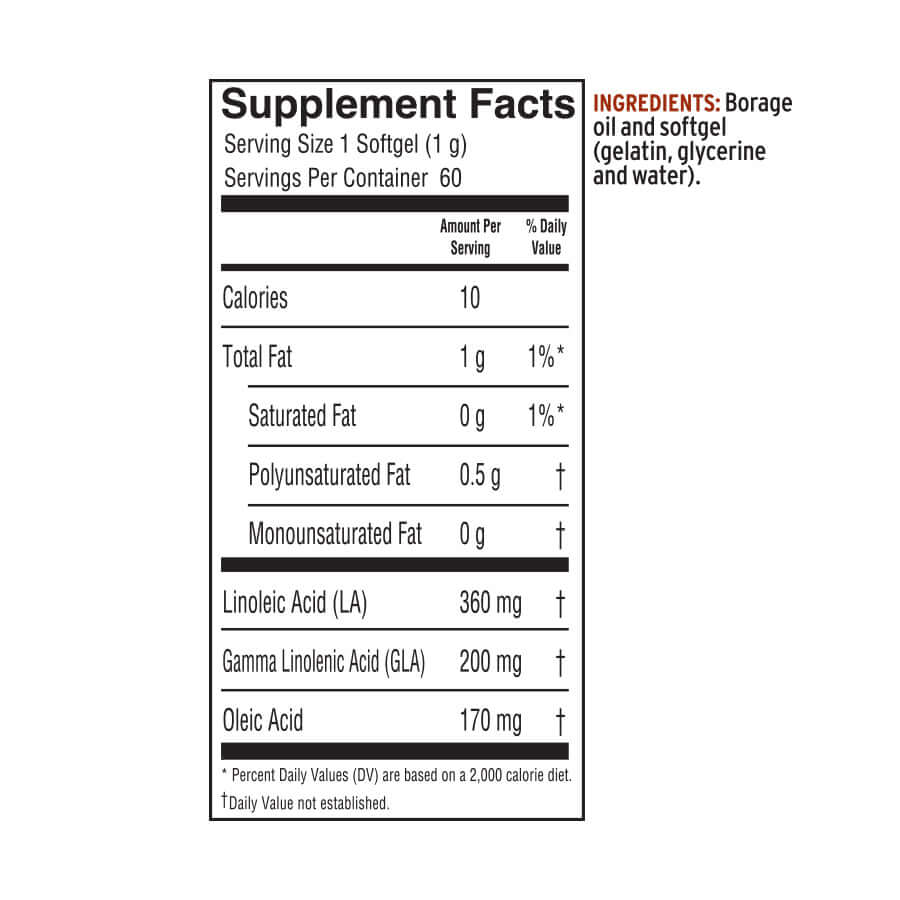 Barlean’s GLA-rich borage softgels – 60 count supplement facts