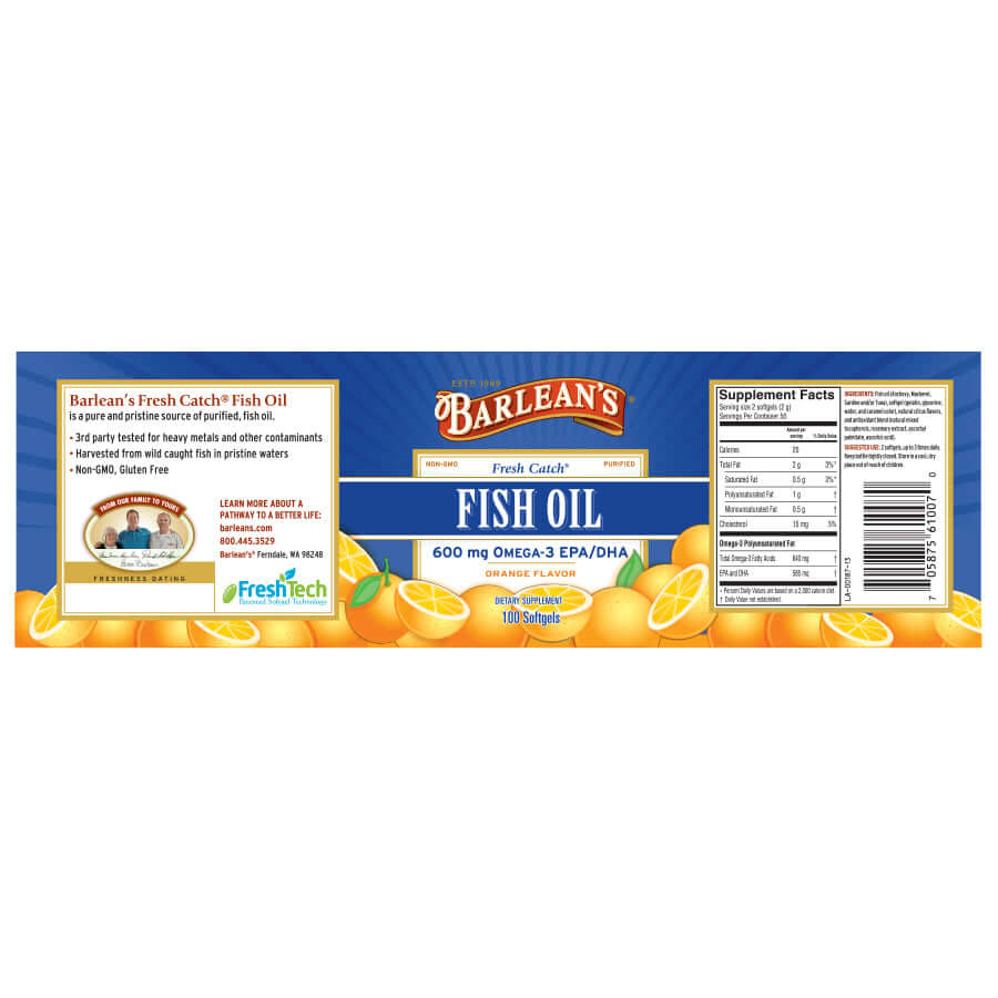 Omega-3 liquid fish oil with orange citrus flavor full label