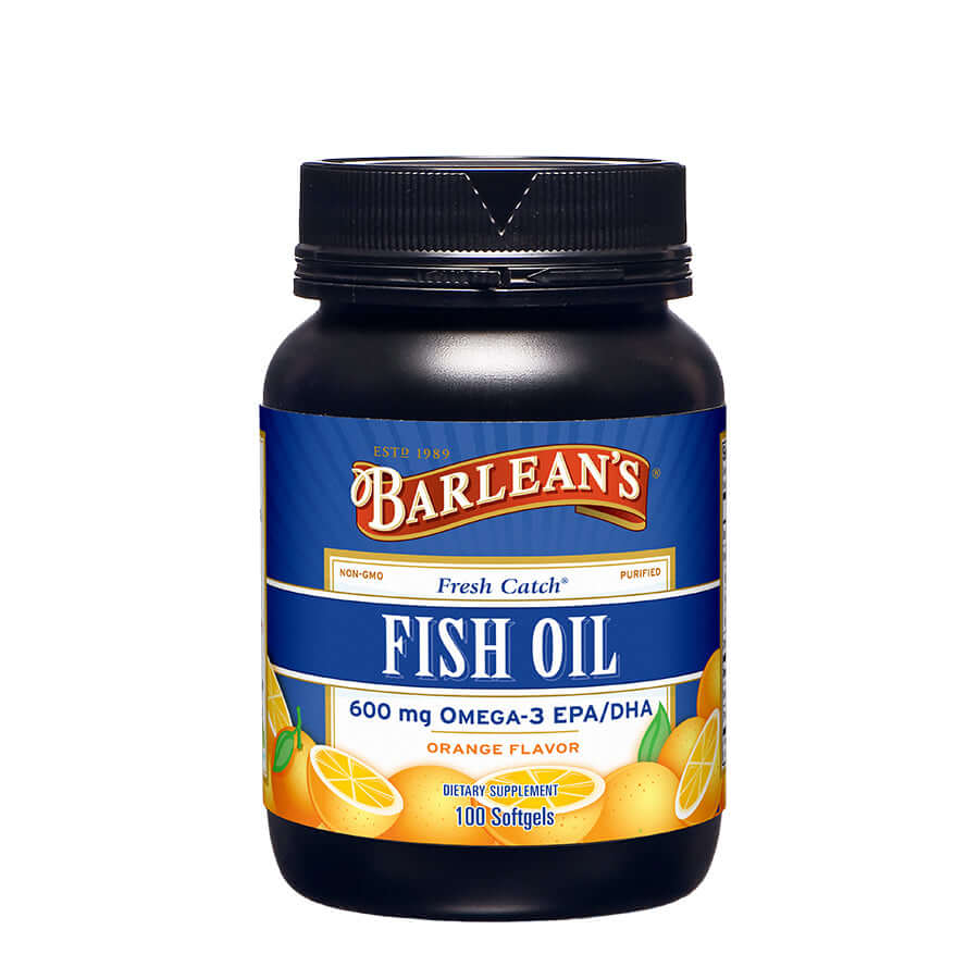 Barlean’s Fresh Catch Orange Flavor Fish Oil bottle on white background