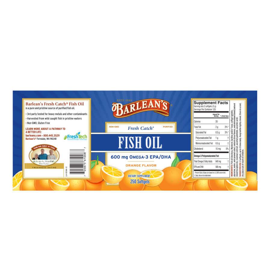 Omega-3 liquid fish oil with orange citrus flavor full label