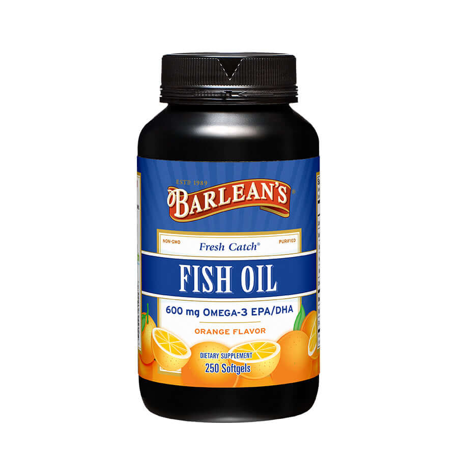 Barlean’s Fresh Catch Orange Flavor Fish Oil bottle on white background