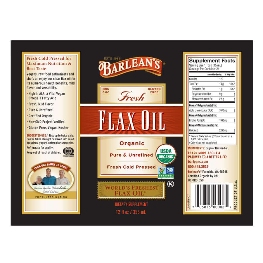 USDA Organic, Non-GMO flax oil product label close-up