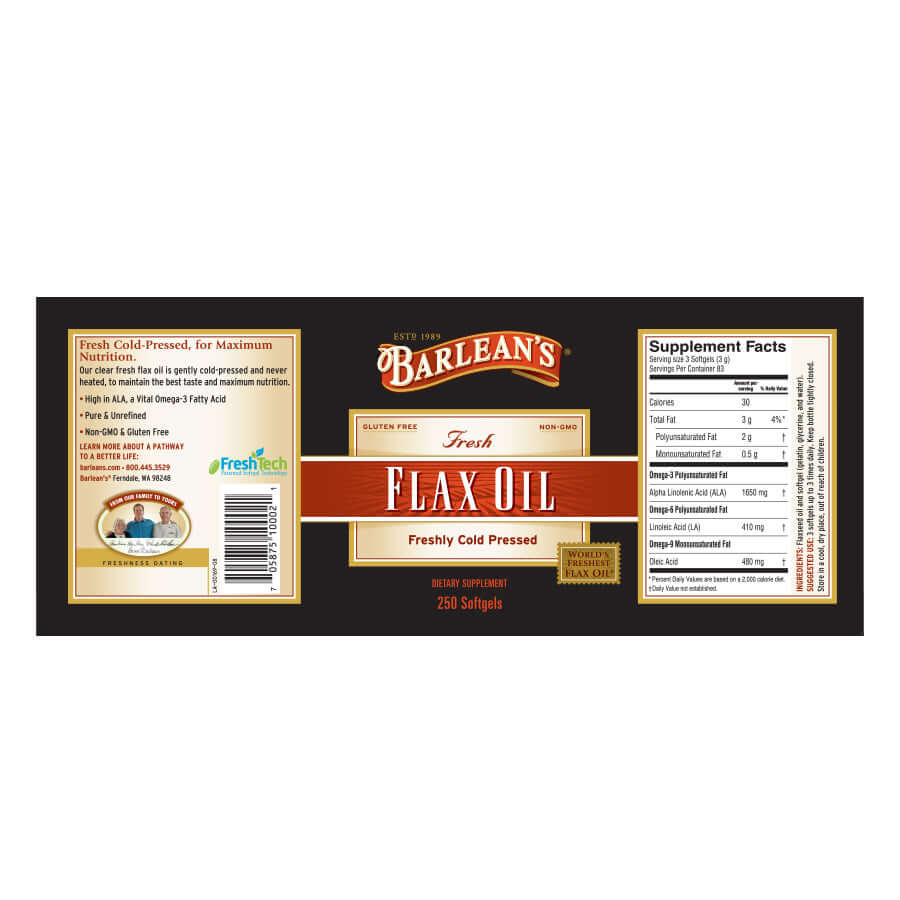 Organic flaxseed oil capsules for daily omega-3 intake full label