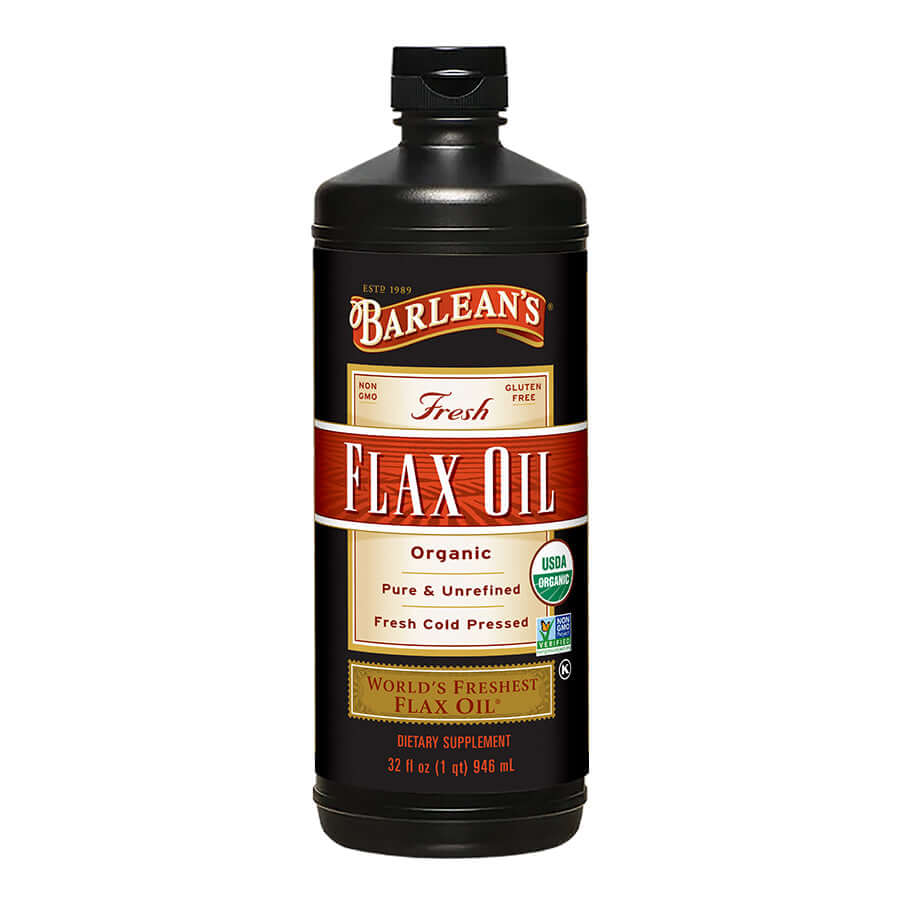 Barlean’s Organic Fresh Flax Oil bottle with omega-3 ALA on white background