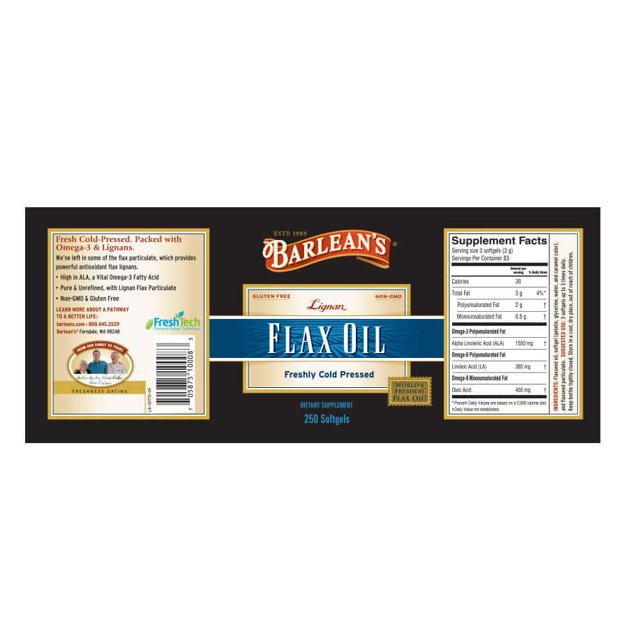 Vegan flaxseed oil softgels for daily use full label