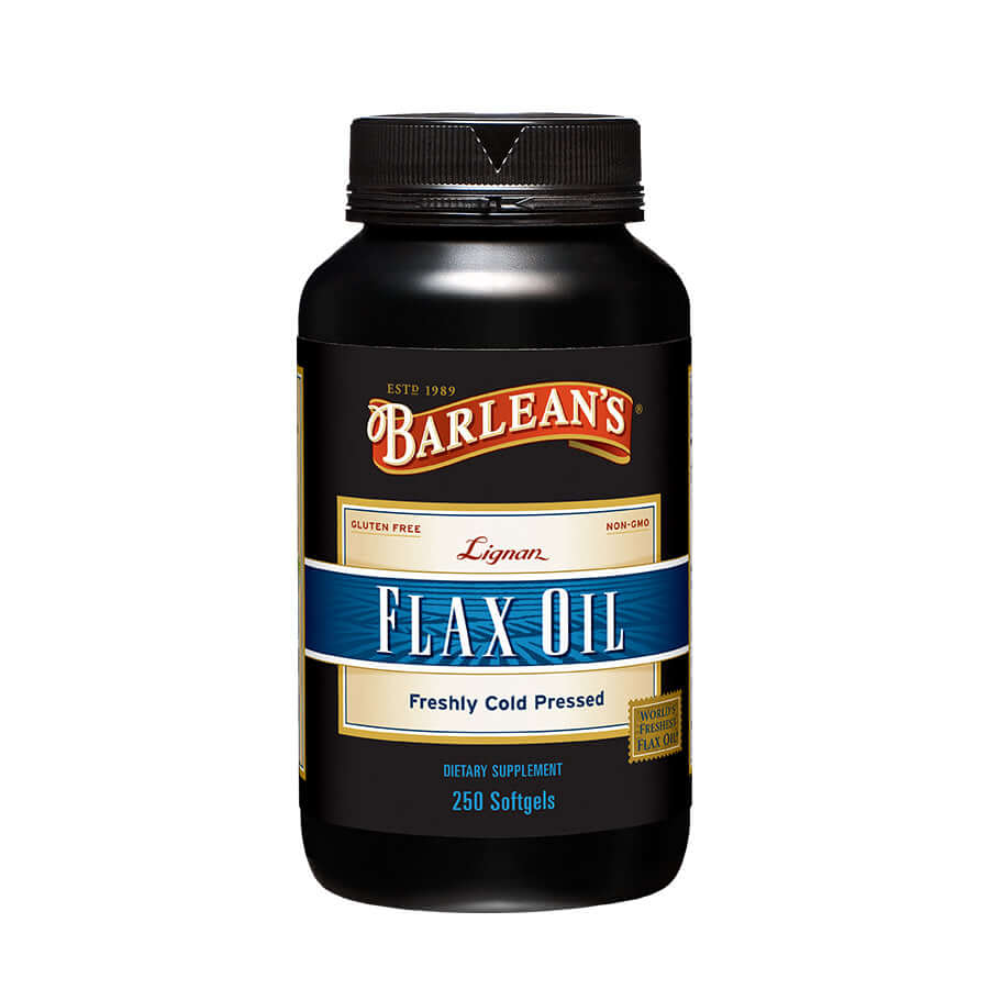Plant-based omega-3 capsules with lignans bottle with white background