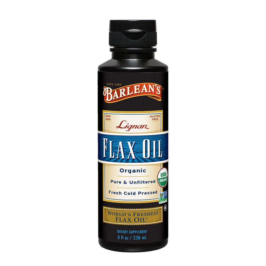 Barlean’s Lignan Omega Twin flax and borage oil bottle on white background