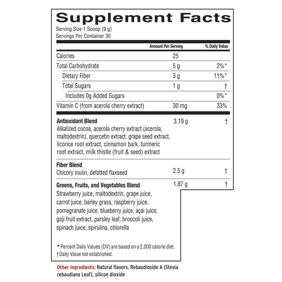 Chocolate-flavored greens and superfoods drink mix supplement facts