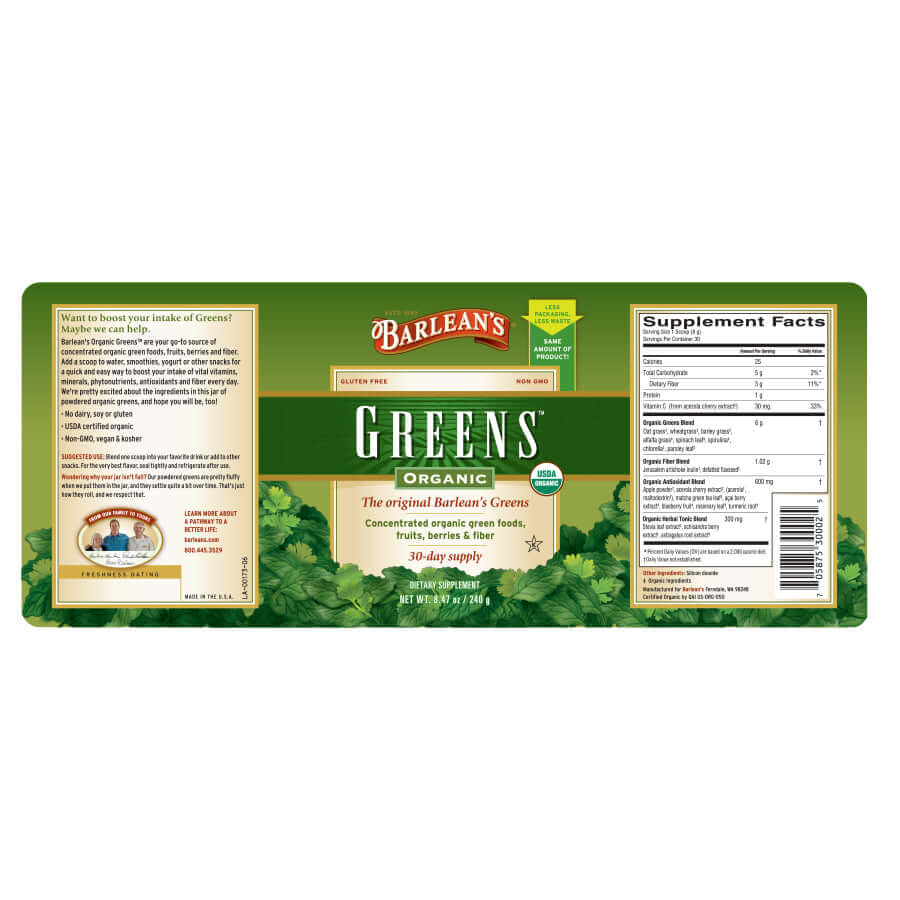 Organic greens drink for energy and digestion full label