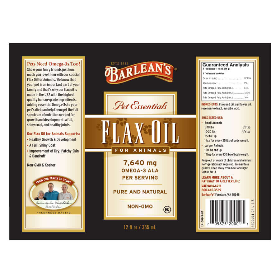 Cold-pressed flax oil for animal nutrition full label