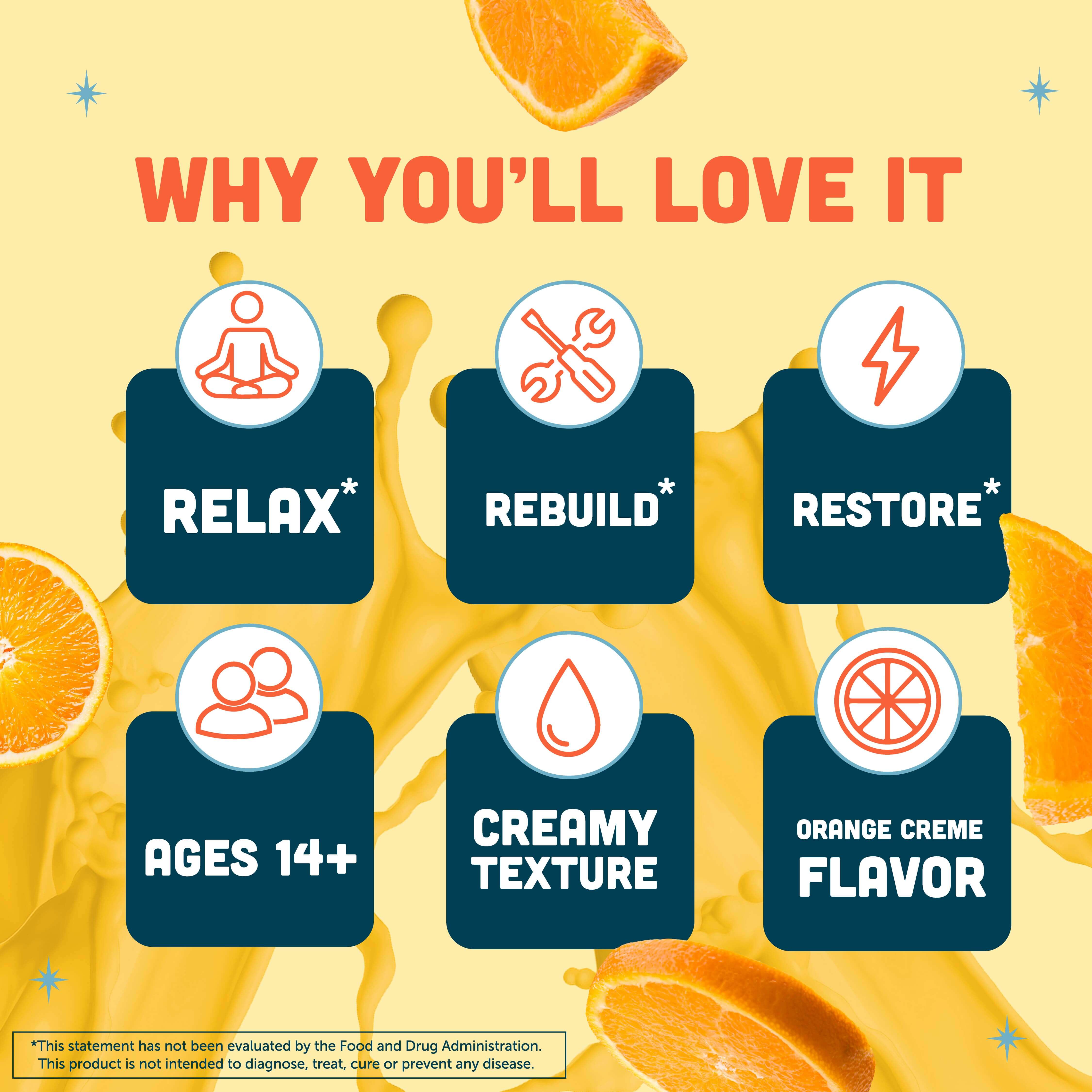 Why you'll love Orange Crème Liquid Magnesium: Relax, Rebuild, Restore, Creamy Texture, Orange Crème Flavor, Ages 14+