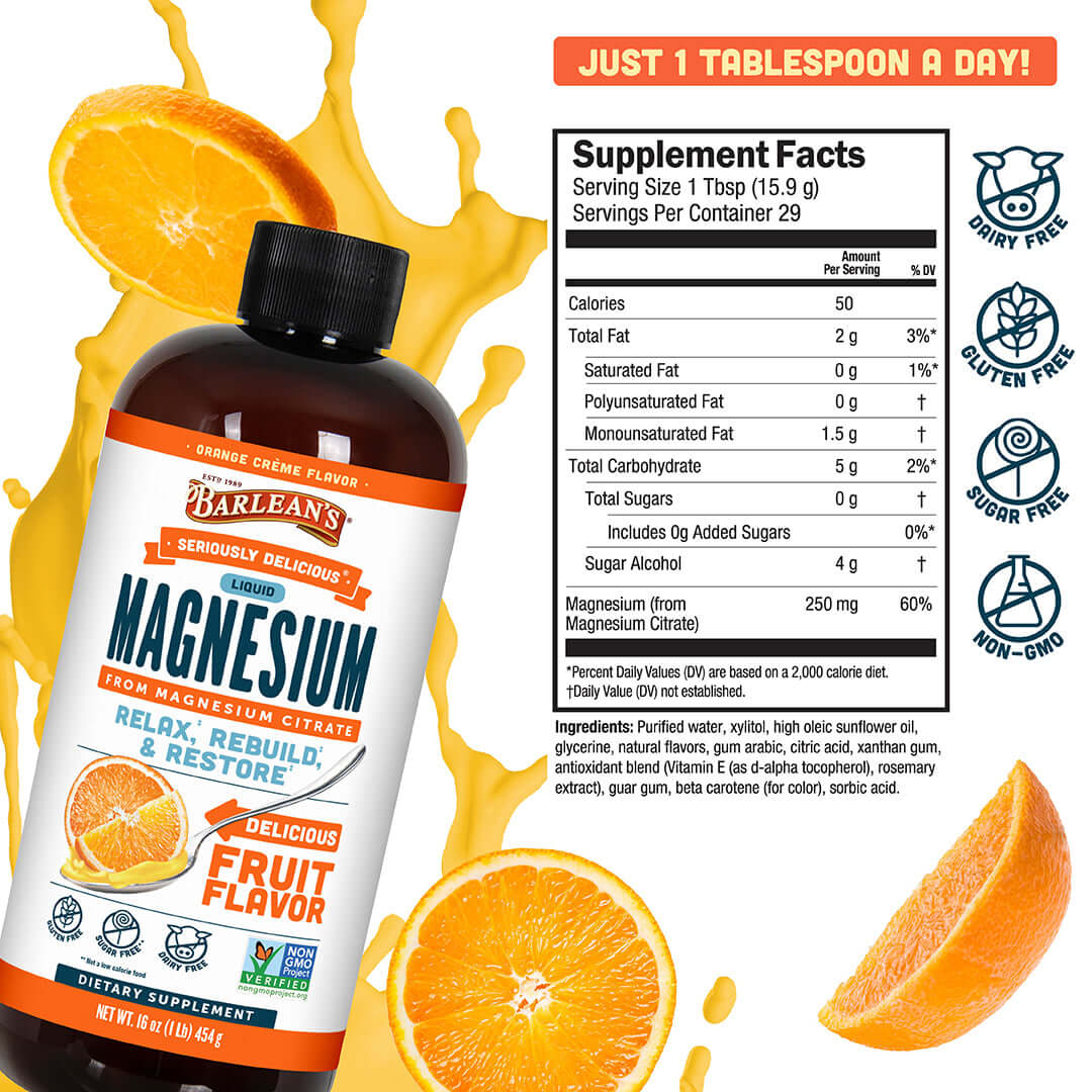 Orange Crème Liquid Magnesium - Barlean’s Seriously Delicious magnesium citrate supplement for relaxation and wellness.