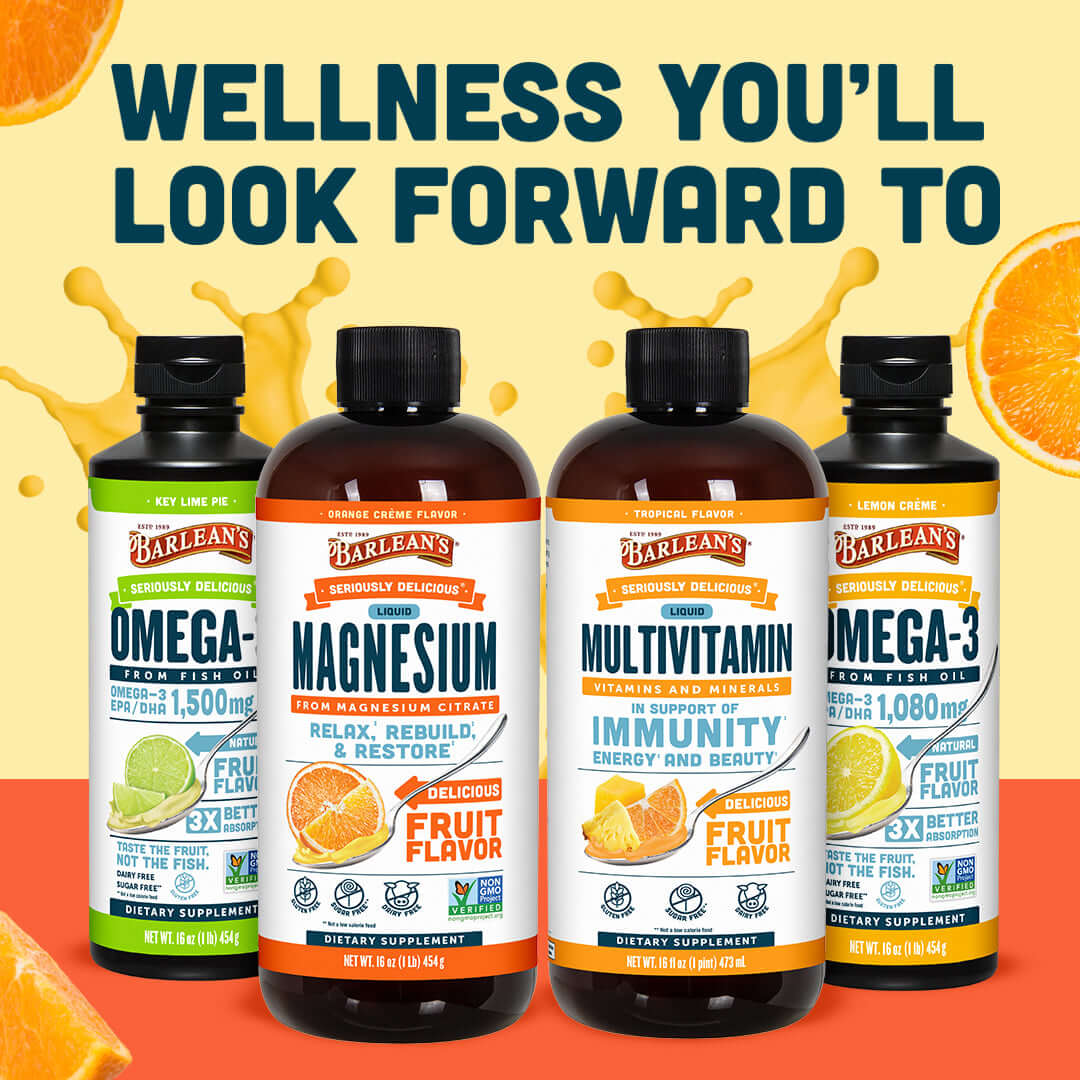 Orange Crème Liquid Magnesium and other supplements from Barlean's, showcasing wellness support and delicious flavors.