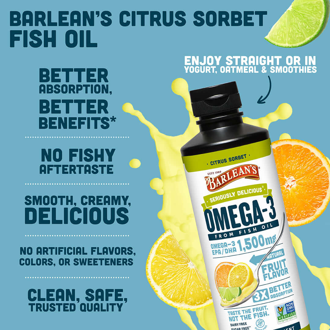 barlean's citrus sorbet fish oil is smooth, creamy, and delicious, clean, safe, and trusted quality