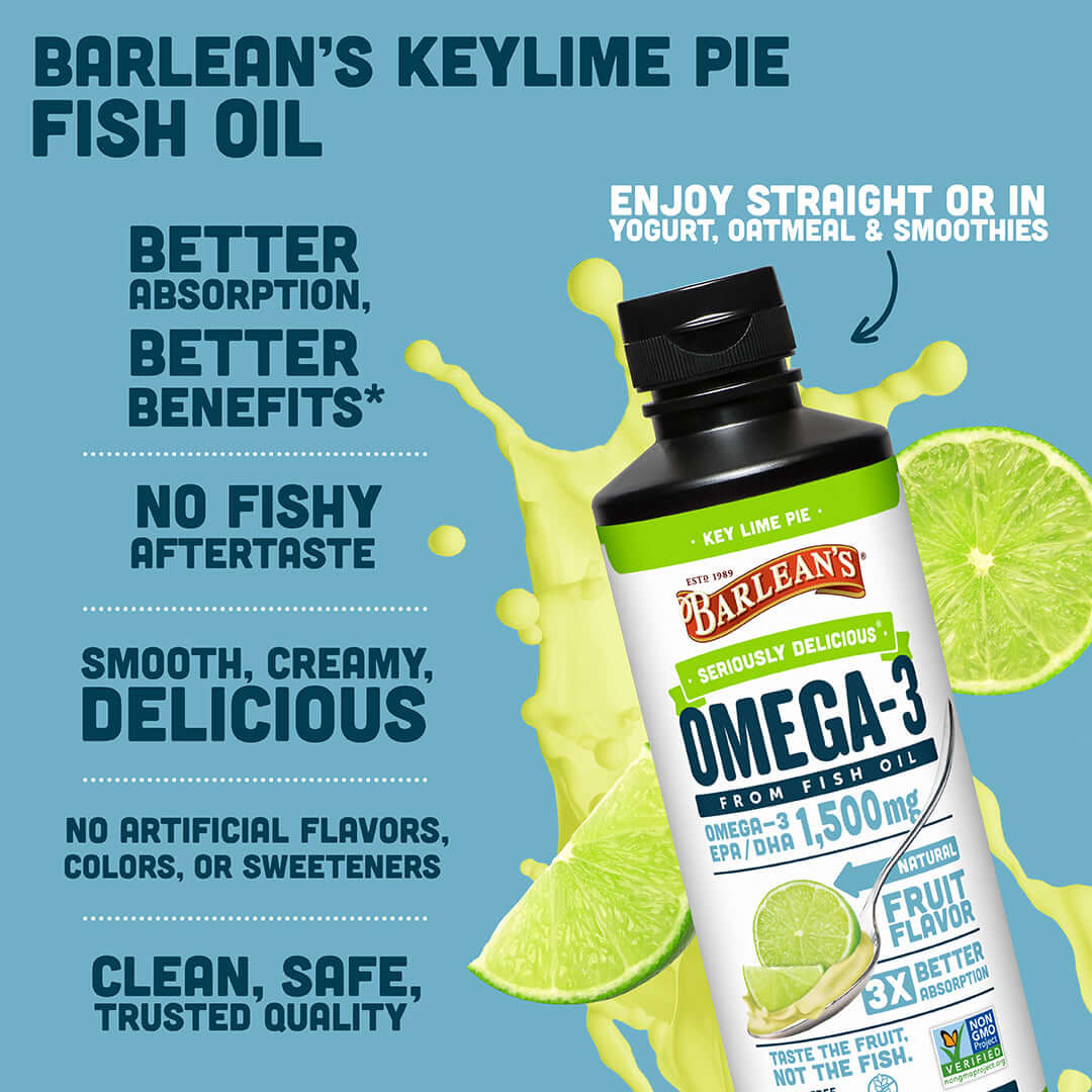 Barlean's Key Lime Pie Fish Oil bottle promoting Omega-3 benefits for heart, brain, and energy support.