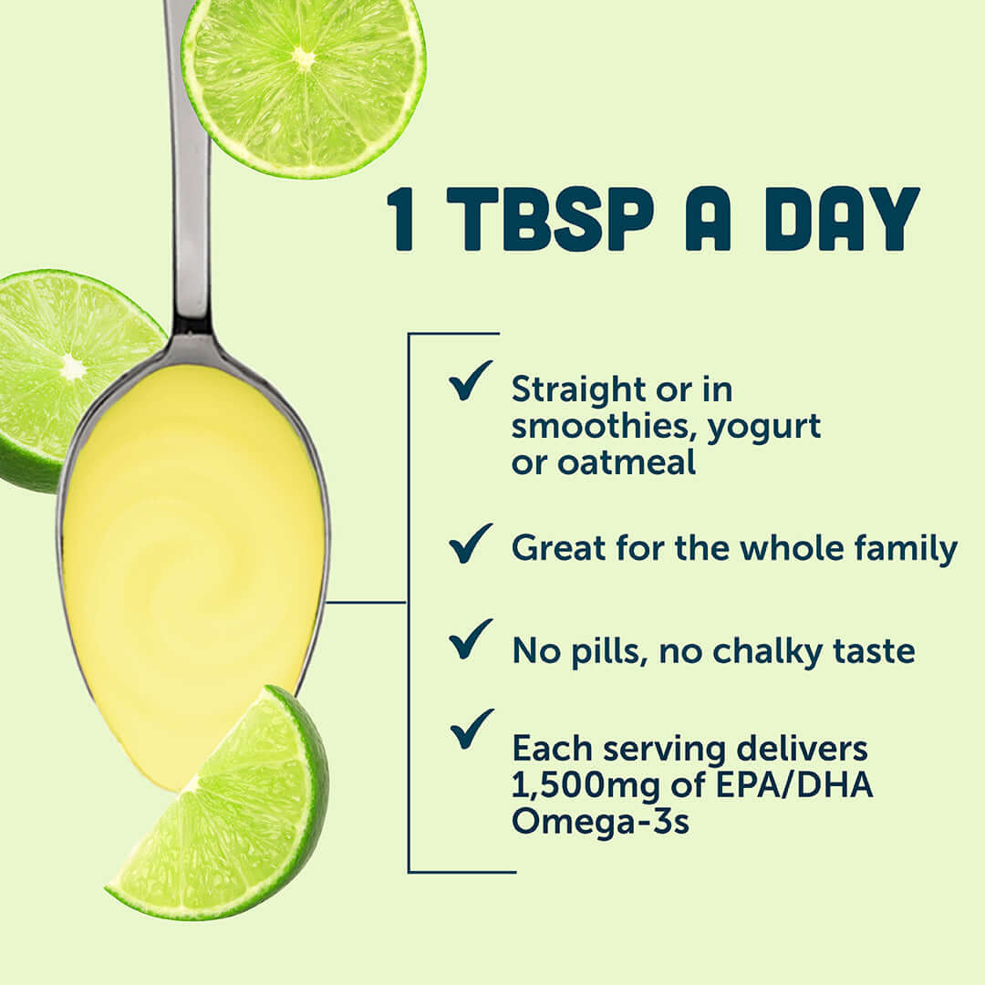 Key Lime Pie Fish Oil benefits with detailed information about daily serving and usage options.