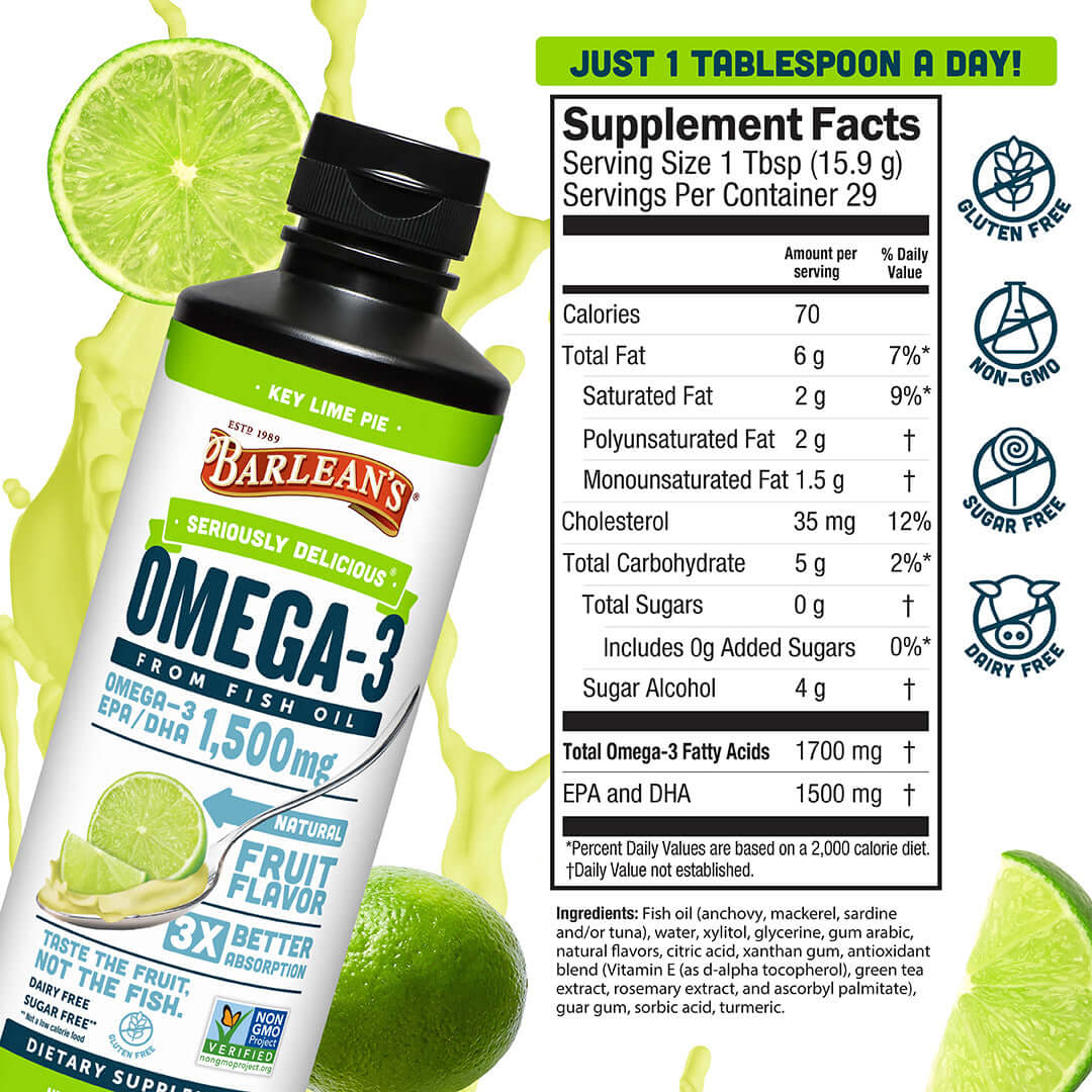 Key Lime Pie Fish Oil supplement facts with 1500 mg EPA/DHA for heart health and brain health support.