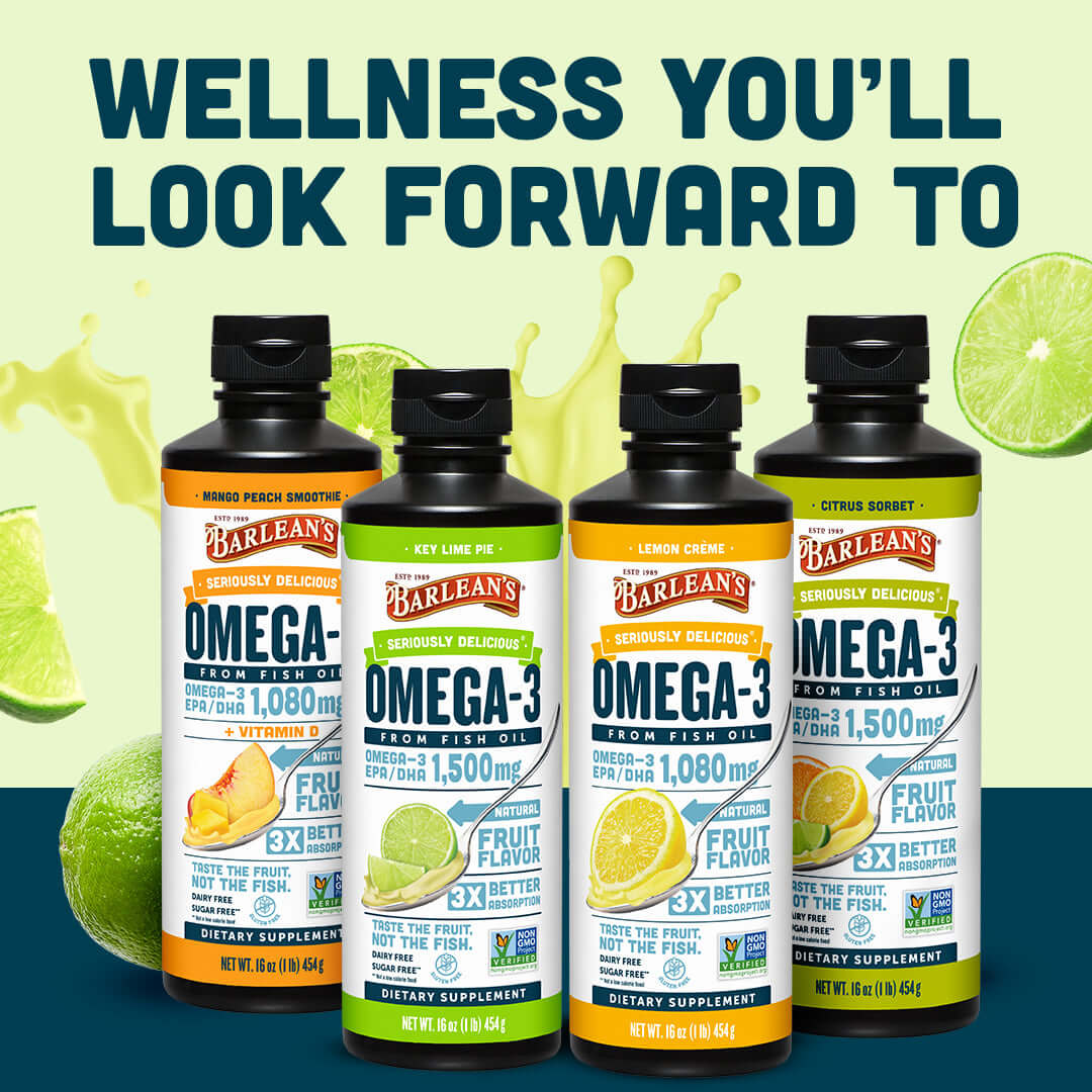 Barlean's Key Lime Pie Fish Oil and other flavored Omega-3s for brain and heart health support